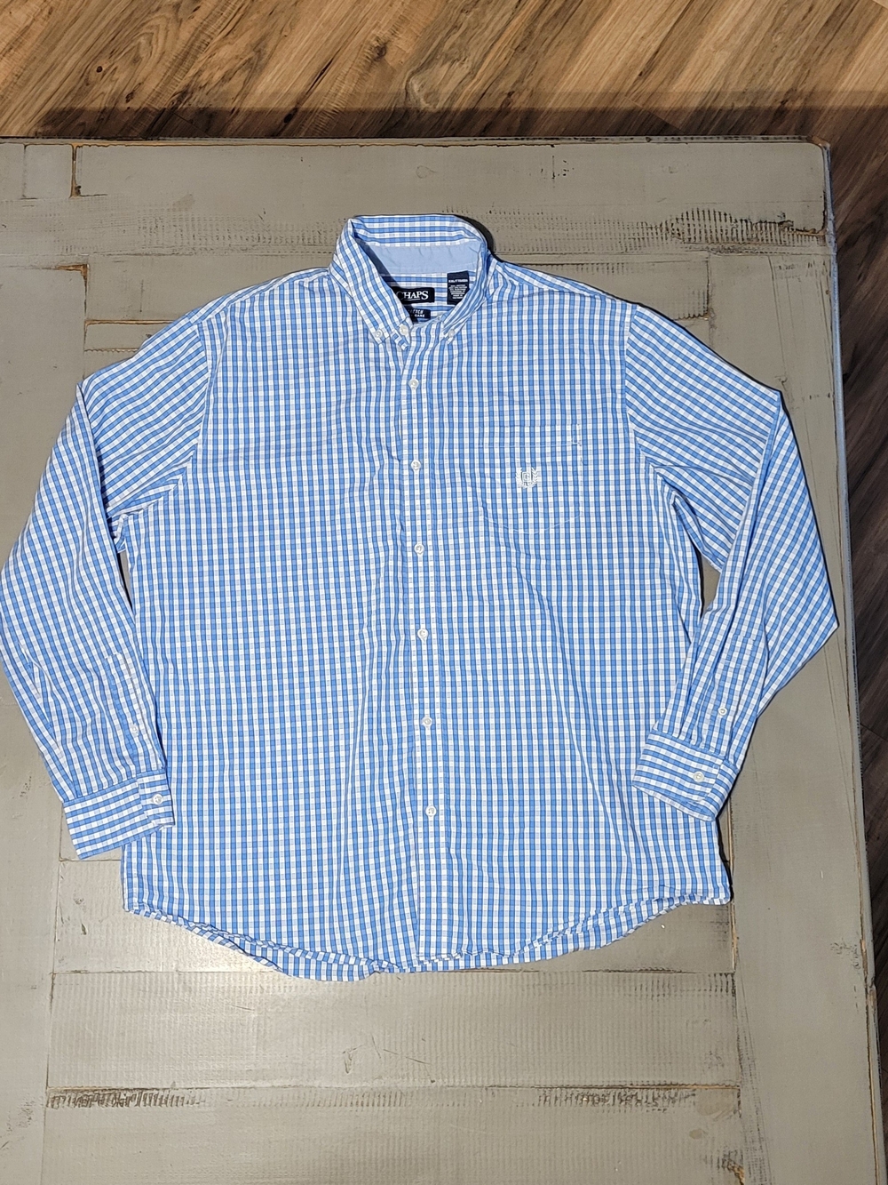 Men's Chaps Stretch Easy Care Gingham Button-Down Shirt Men's Blue & White Large